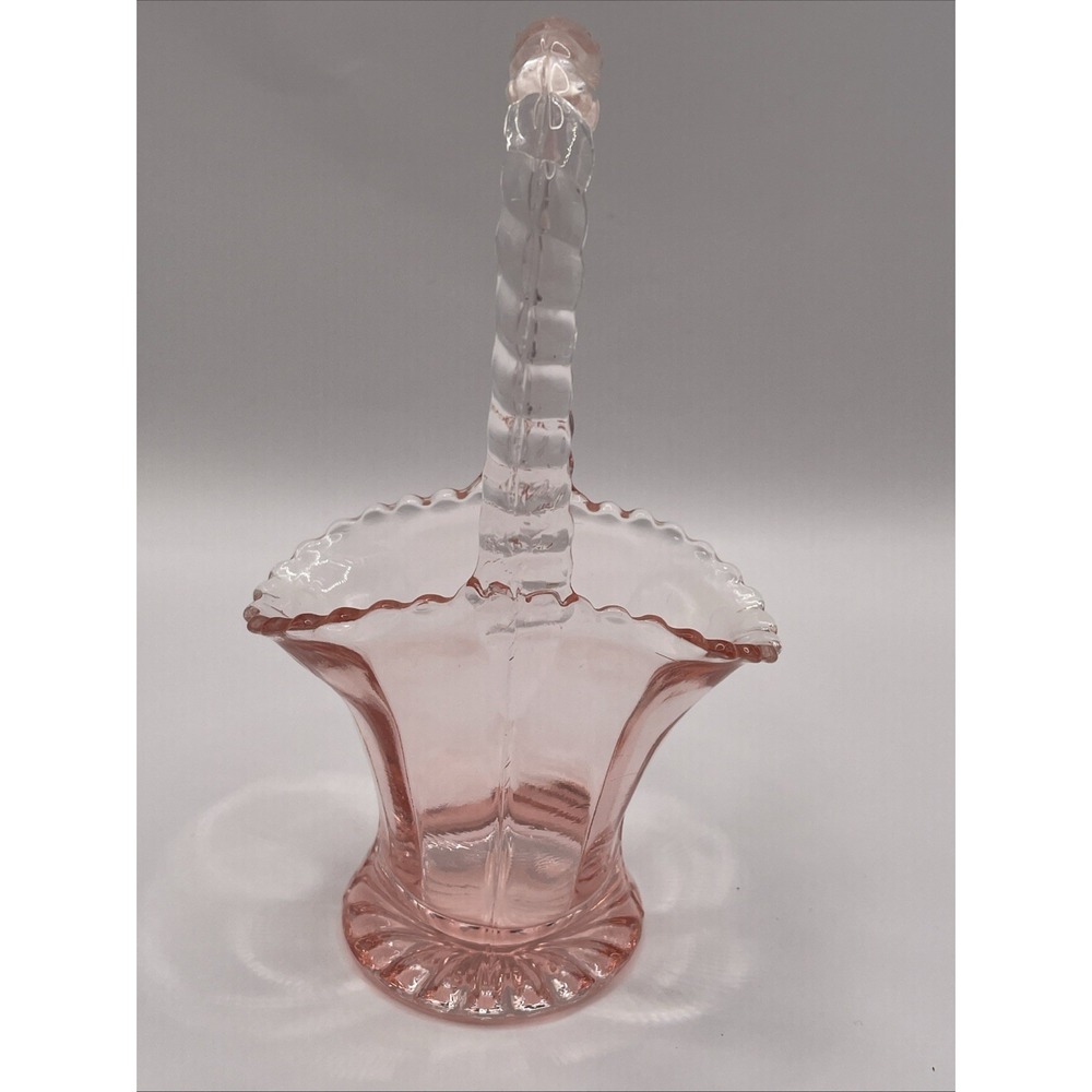 Vintage pink depression glass miniature basket 6.5 In Tall